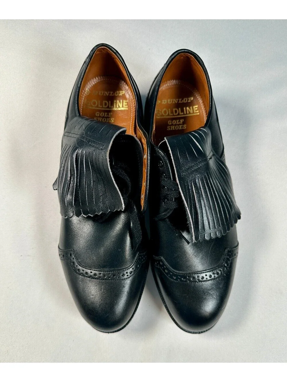 Vtg Dunlop Goldline Black Leather Wingtip Spiked Golf Shoes 11.5 E Made England